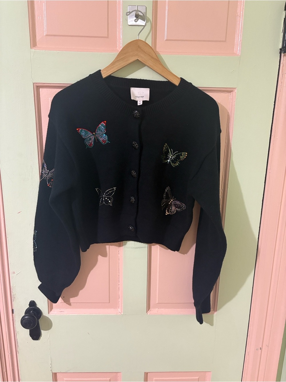 Cinq a Sept Black Embellished Butterfly Cropped Cardigan rhinestone Lisette